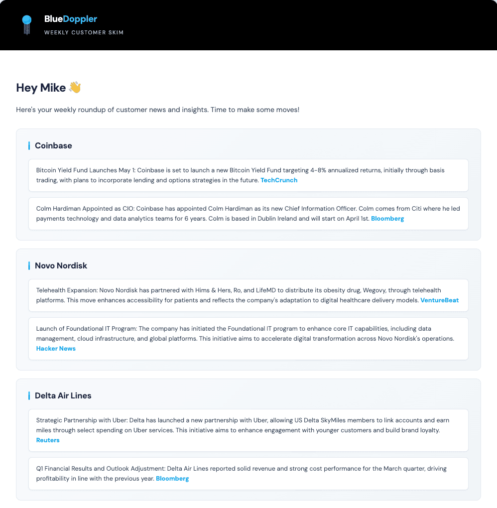 Blue Doppler Weekly Email Sample